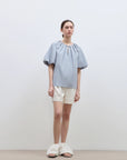 "Iceland Diary" neckline pleated design round neck tie puff sleeve short sleeve shirt for women - variant_title