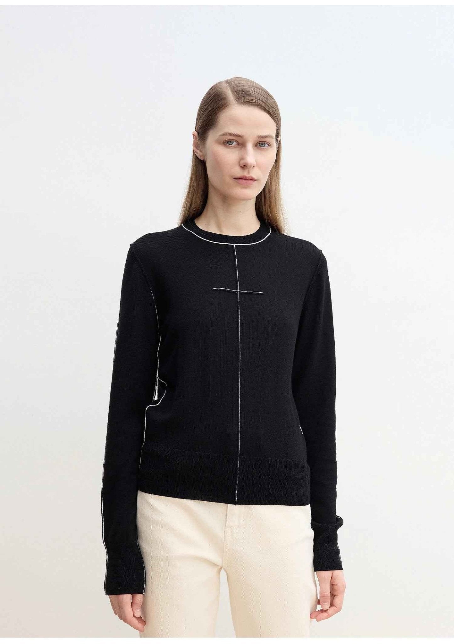 “Imbell"Imported Yangtze 30NM Contrast Stitch Wool Knit Skin - Friendly Short Top - variant_title