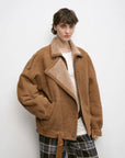 Woman wearing the Jazz Party brown Merino shearling motorcycle jacket