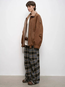 Woman styling the Jazz Party brown shearling jacket, three-quarter view