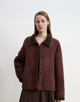 Model view of reddish brown Merino shearling fur collar coat