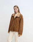 Knight's Contract Merino shearling coat in yellowish brown on model