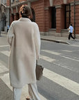 Korean Drama Ace off-white Merino shearling coat, urban back view