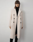 Woman wearing the Korean Drama Ace off-white mid-length shearling coat