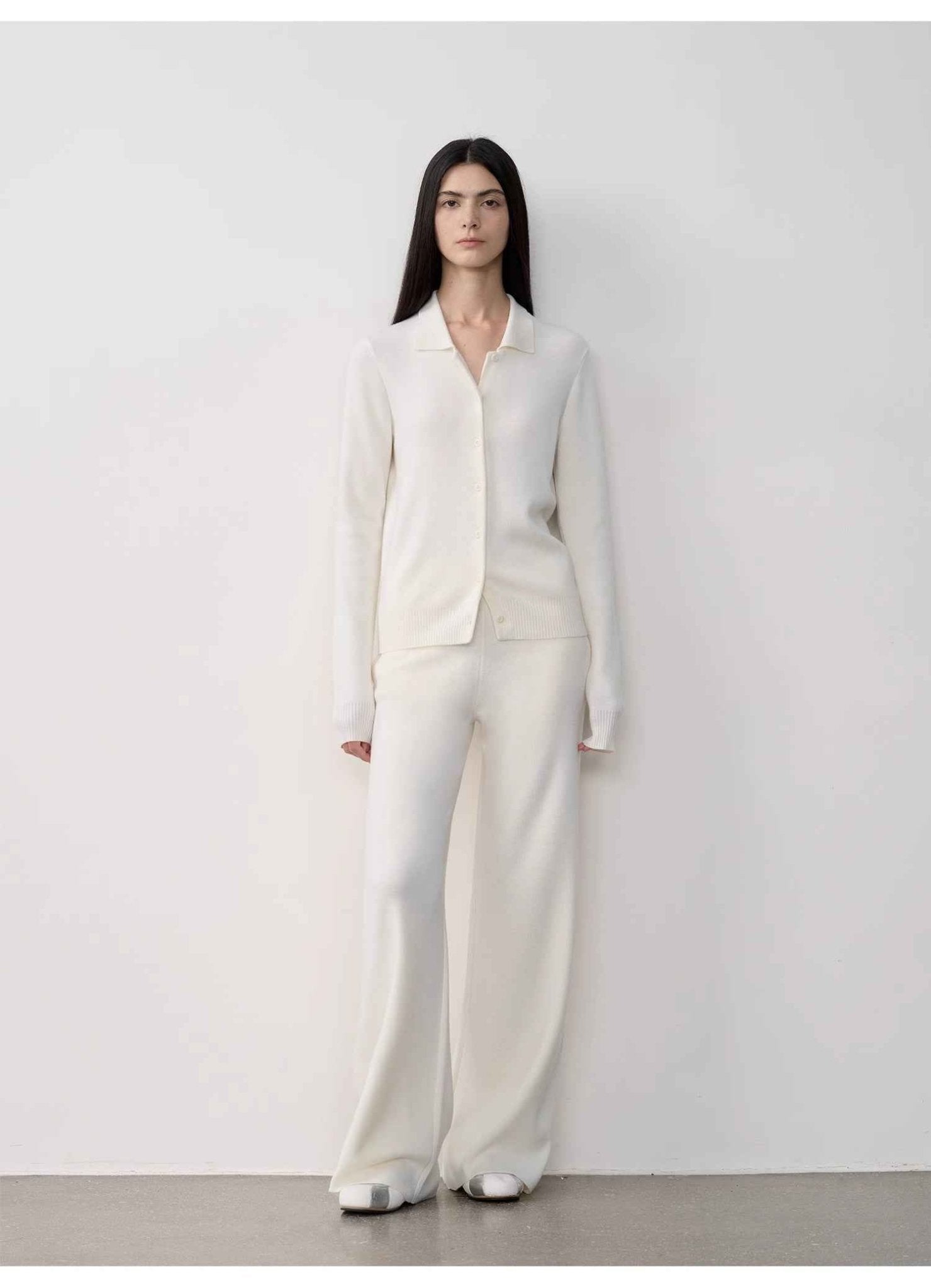 "Lazy urban" Yangtze Merino wool polo - neck cardigan straight - leg knitted pants suit - variant_title