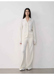 "Lazy urban" Yangtze Merino wool polo - neck cardigan straight - leg knitted pants suit - variant_title