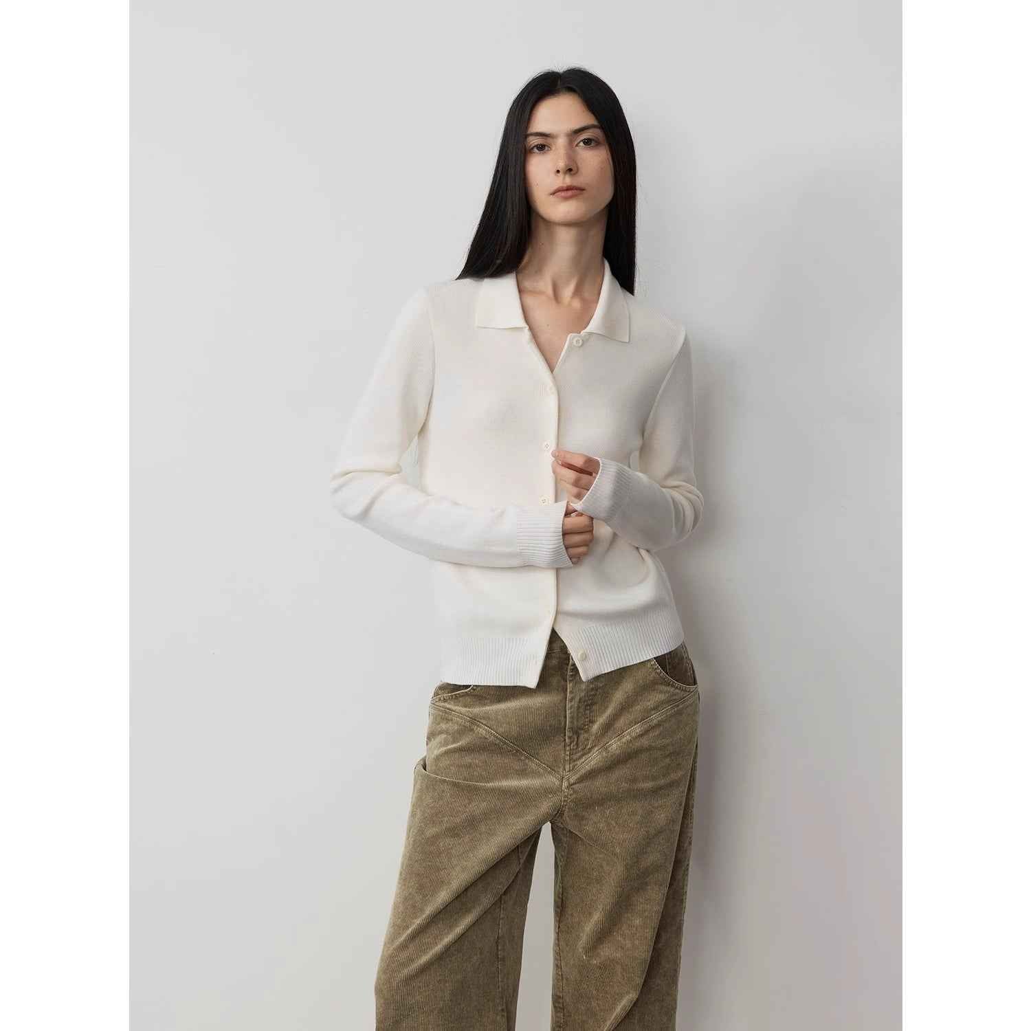 "Lazy urban" Yangtze Merino wool polo - neck cardigan straight - leg knitted pants suit - variant_title