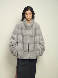 Legacy Mink Sapphire stand-collar coat on model