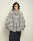 Legacy Mink Sapphire stand-collar coat on model