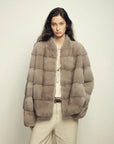 Legacy Mink Silver Blue stand-collar coat on model