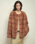 Legacy Mink Latte round-neck coat on model