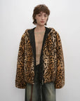 Leopard Fantasy leopard print hooded rabbit fur coat on model