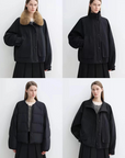 Style overview showing three ways to wear the black Letrans Silent Trace parka