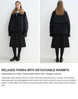Feature overview of detachable raccoon fur collar and removable down liner
