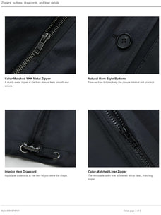 Hardware drawcord zipper and removable liner details for Letrans Silent Trace parka