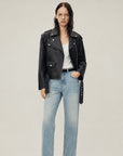 Letrans Women's Lambskin Leather Biker Jacket Cropped Retro Moto Style "Murasaki River"Firelady Fur