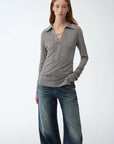 Light luxury silver silk knitted slightly transparent tie lapel slim drape long sleeve knitted top"Eiffel" - variant_title