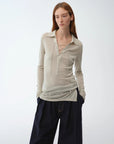 Light luxury silver silk knitted slightly transparent tie lapel slim drape long sleeve knitted top"Eiffel" - variant_title