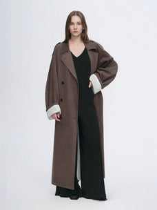 "Line Walker" matte micro - velvet drape classic elegant double - breasted straight long trench coat - variant_title