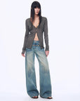 Firelady Fur Long Island Vacation flower gray V-neck cardigan on model front view