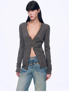 Firelady Fur Long Island Vacation flower gray V-neck cardigan front detail on model