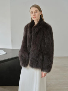 Long Nocturne black Saga fox fur coat side model view
