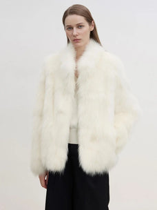Long Nocturne off-white Saga fox fur coat on model