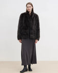 Long Nocturne reddish brown Saga fox fur coat full-length model view