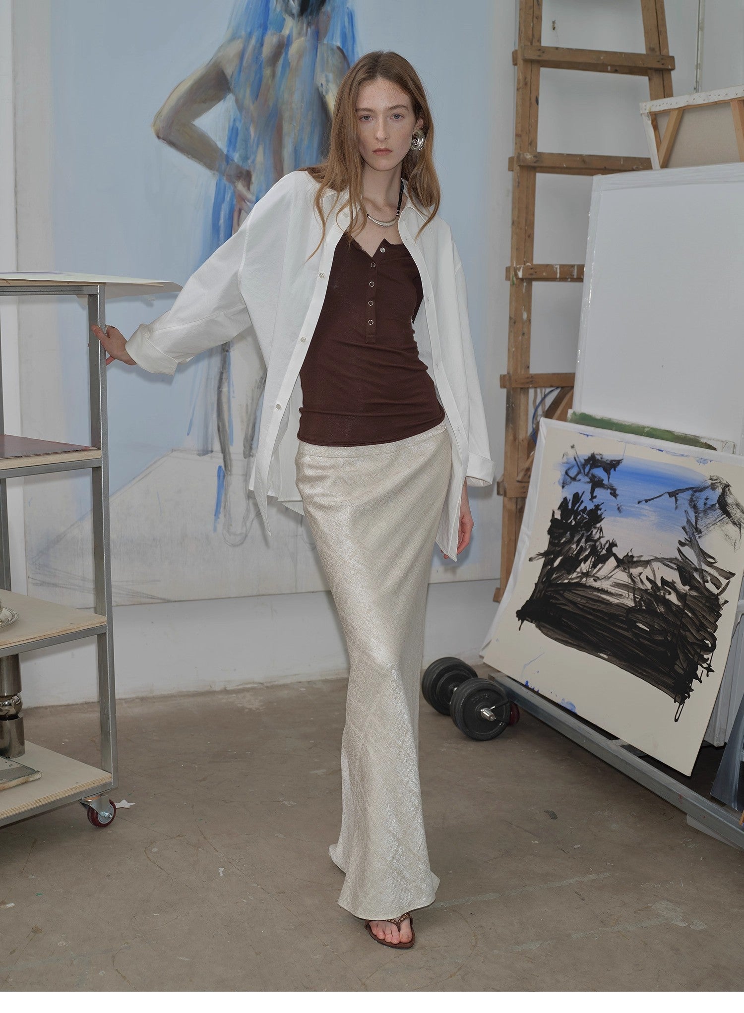 Loose casual standing straight silhouette deconstructed waist shirt “Moonlight Vermilion” - variant_title