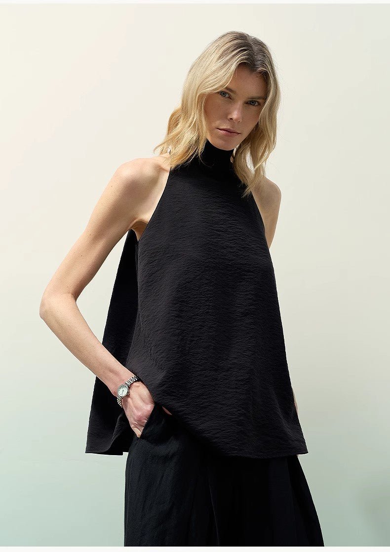Luxury mulberry silk wrinkle - resistant small high collar A - line sleeveless top vest for women - variant_title