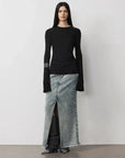 Lyocell wool stretch long sleeve T-shirt black full front view