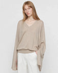Machine washable Tencel wool V-neck elastic hem top light khaki on Maryna front view