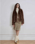 Margaret caramel brown Rex rabbit fur coat full-length model view