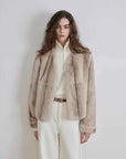 Margaret beige gray V-neck rabbit fur coat front model view