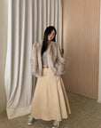 Margaret beige gray rabbit fur coat relaxed lifestyle model view