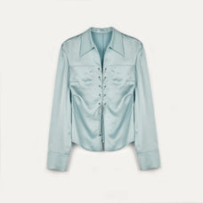 "Mercerized Spring Shadow" Acetate Shirt Women's Hollow String Pleated Slimming Long Sleeve Shirt - variant_title