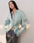 "Mercerized Spring Shadow" Acetate Shirt Women's Hollow String Pleated Slimming Long Sleeve Shirt - variant_title