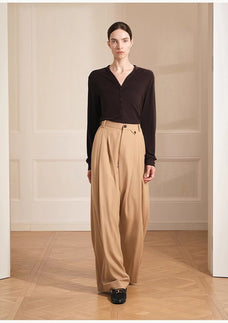 Merino wool blended double pleated wide - leg pants for women, versatile, drapey and comfortable casual trousers - variant_title