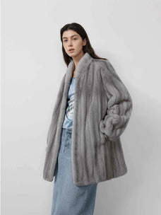 Meteor Variations Sapphire mink coat on model, front view