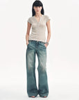 Minimalist Light Gap apricot sequined Henley T-shirt model front view