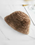 Light coffee mink woven camellia flower bucket hat for women
