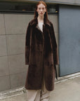 Mocha Phantom copper brown coat showing relaxed dropped shoulders