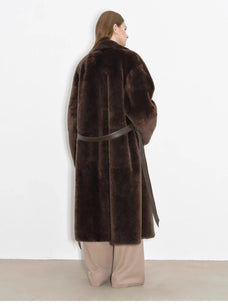 Back studio view of Mocha Phantom belted shearling coat