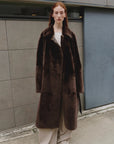 "Mocha Phantom" Merino wool dropped shoulder long asymmetric placket sheepskin coat - variant_title