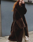"Mocha Phantom" Merino wool dropped shoulder long asymmetric placket sheepskin coat - variant_title