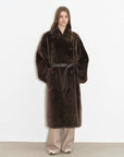 "Mocha Phantom" Merino wool dropped shoulder long asymmetric placket sheepskin coat - variant_title