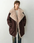 Model wearing Fireladyfur Modern Introduction Brown Purple goose down parka with Tuscan wool collar front view