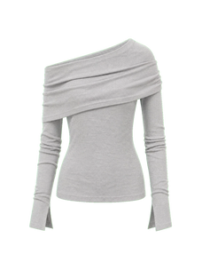 Modern Tricks layered one-shoulder knitted top light gray product cutout