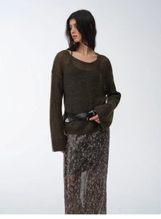 Mohair Sequin Knit Blended Hollow oversized sweater Loose O - Neck Top Long Sleeve,"Sparkling Spring" - variant_title