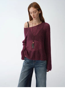 Mohair Sequin Knit Blended Hollow oversized sweater Loose O - Neck Top Long Sleeve,"Sparkling Spring" - variant_title